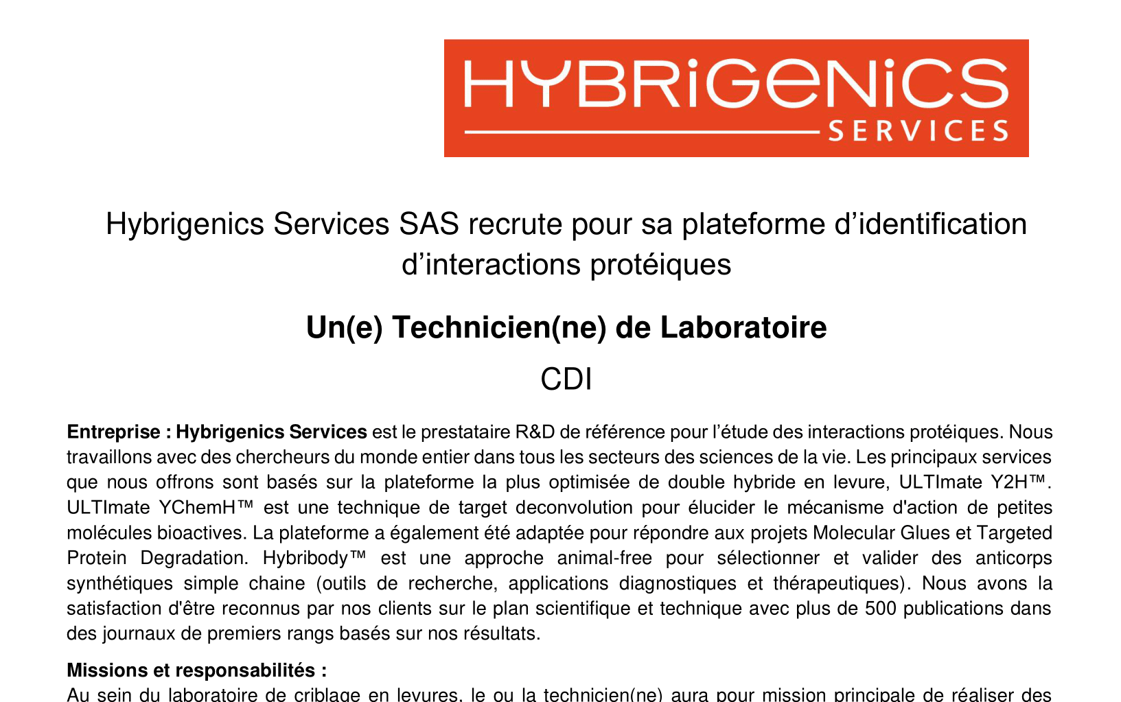 Hybrigenics Service recrutement Technicien Y2H platform-website